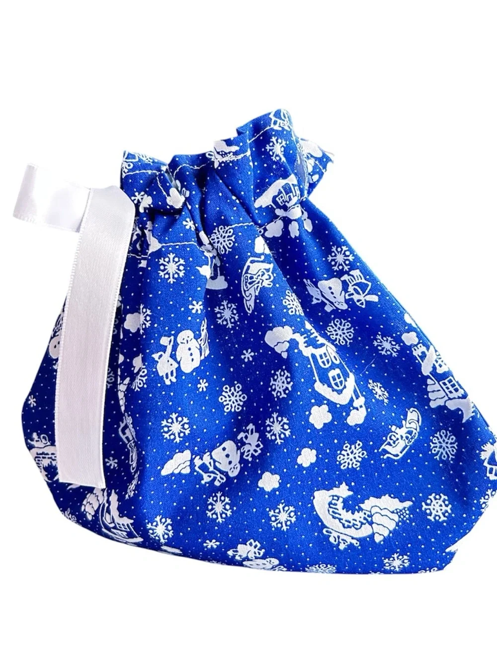Hand Crafted Holiday Drawstring Gift Bag White Ribbon Eco Friendly Reusable